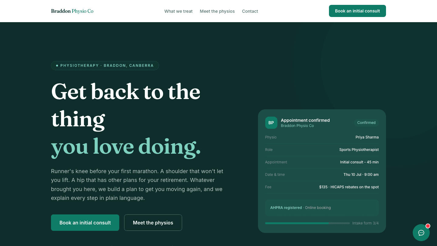 Braddon Physio Co homepage: deep green hero with booking card and 'Get back to the thing you love doing' headline