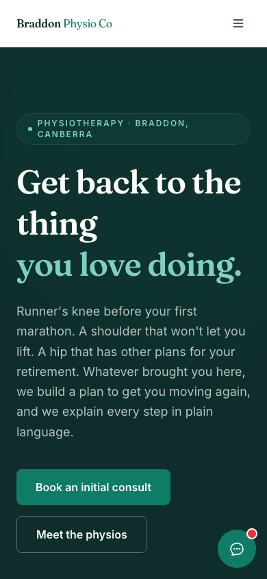 Braddon Physio Co homepage on mobile